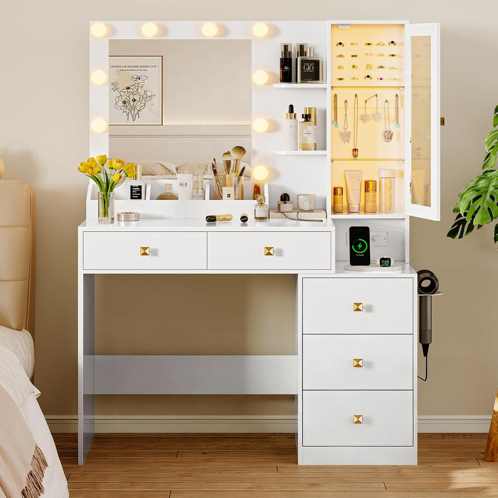Xixini Vanity Desk with Mirror and Lights, Makeup Vanity Table Set with 5 Storage Drawers, Power Outlet, Small Dressing Table with RGB Ambient Light, Adjustable Brightness for Girls Bedroom, White