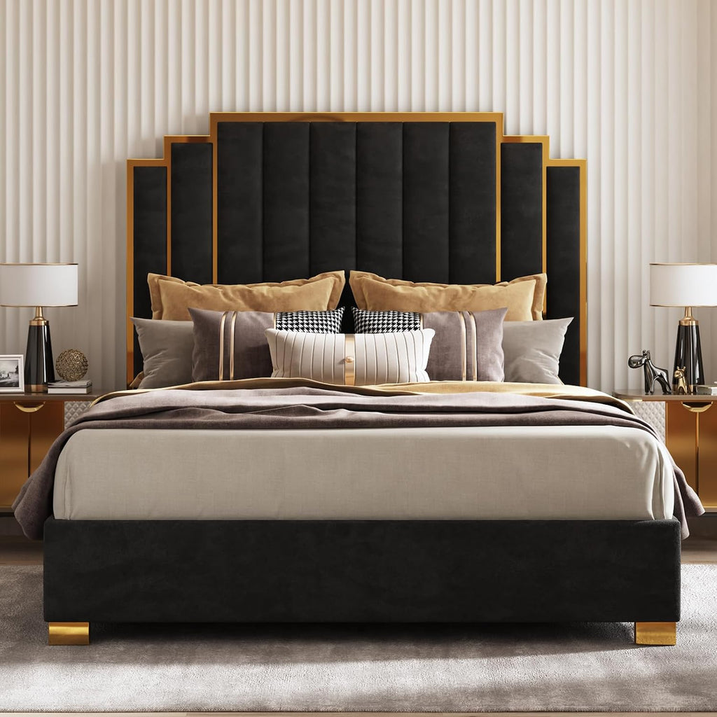 AMERLIFE King Size Upholstered Bed, Modern Velvet Bed Frame with 65.4' Tall Gold Trim Headboard, No Box Spring Needed, Black