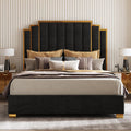 AMERLIFE King Size Upholstered Bed, Modern Velvet Bed Frame with 65.4' Tall Gold Trim Headboard, No Box Spring Needed, Black