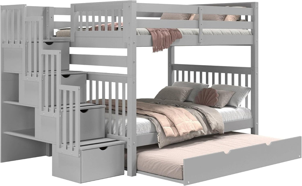 Bedz King Stairway Bunk Beds Full Over Full, 4 Step Drawers, Full Trundle, Gray