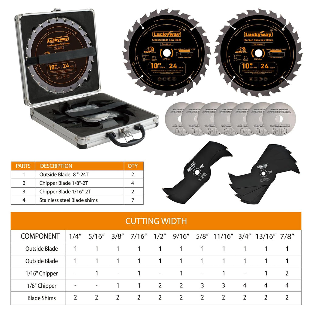 Luckyway Dado Blades for 10 Inch Table Saw, Cutting Width from 1/4' to 7/8' in 1/16',Stacked Dado Blade Set, 10 Inch Dado Blade 24 Carbide Tip Tooth with 5/8 Inch Arbor - 15 Pieces