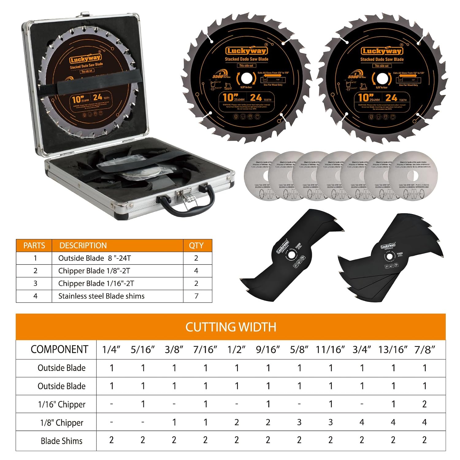 Luckyway Dado Blades for 10 Inch Table Saw, Cutting Width from 1/4' to 7/8' in 1/16',Stacked Dado Blade Set, 10 Inch Dado Blade 24 Carbide Tip Tooth with 5/8 Inch Arbor - 15 Pieces