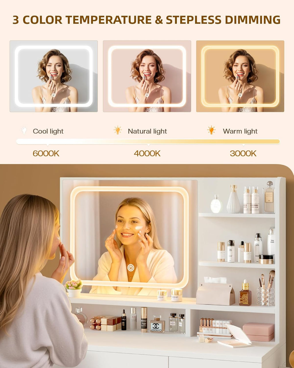LIVELYGLOW Makeup Vanity Desk with Smart LED Mirror & Charging Station, 34.1' White Vanity Table Set with Cushioned Stool, 4 Drawers & Hairdryer Rack, Modern Bedroom Dressing Table-White
