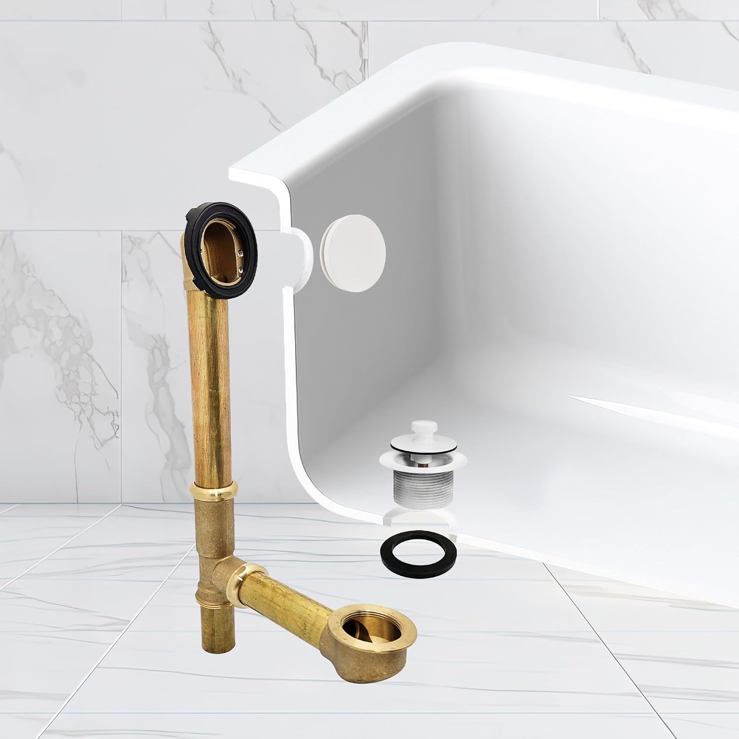 Westbrass A321H-50 14' Brass Bath Waste & Overflow Assembly with Twist & Close Drain Plug and Illusionary Faceplate, Powder Coat White