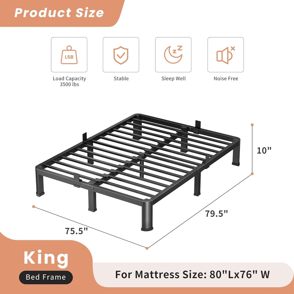 VIPSHOW 10 Inch King Heavy Duty 3500 lbs Bed Frame with Round-Corner Legs & Anti-Squeak Design – Quick Assembly Metal Platform, No Box Spring Needed