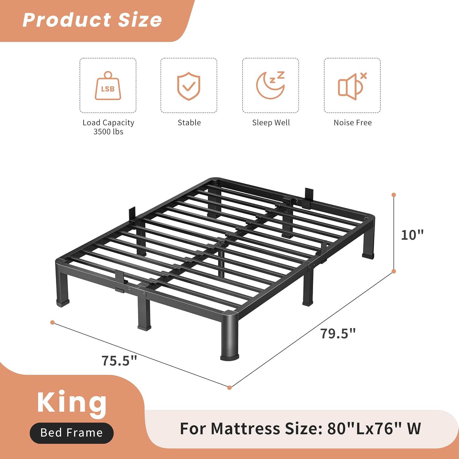 VIPSHOW 10 Inch King Heavy Duty 3500 lbs Bed Frame with Round-Corner Legs & Anti-Squeak Design – Quick Assembly Metal Platform, No Box Spring Needed