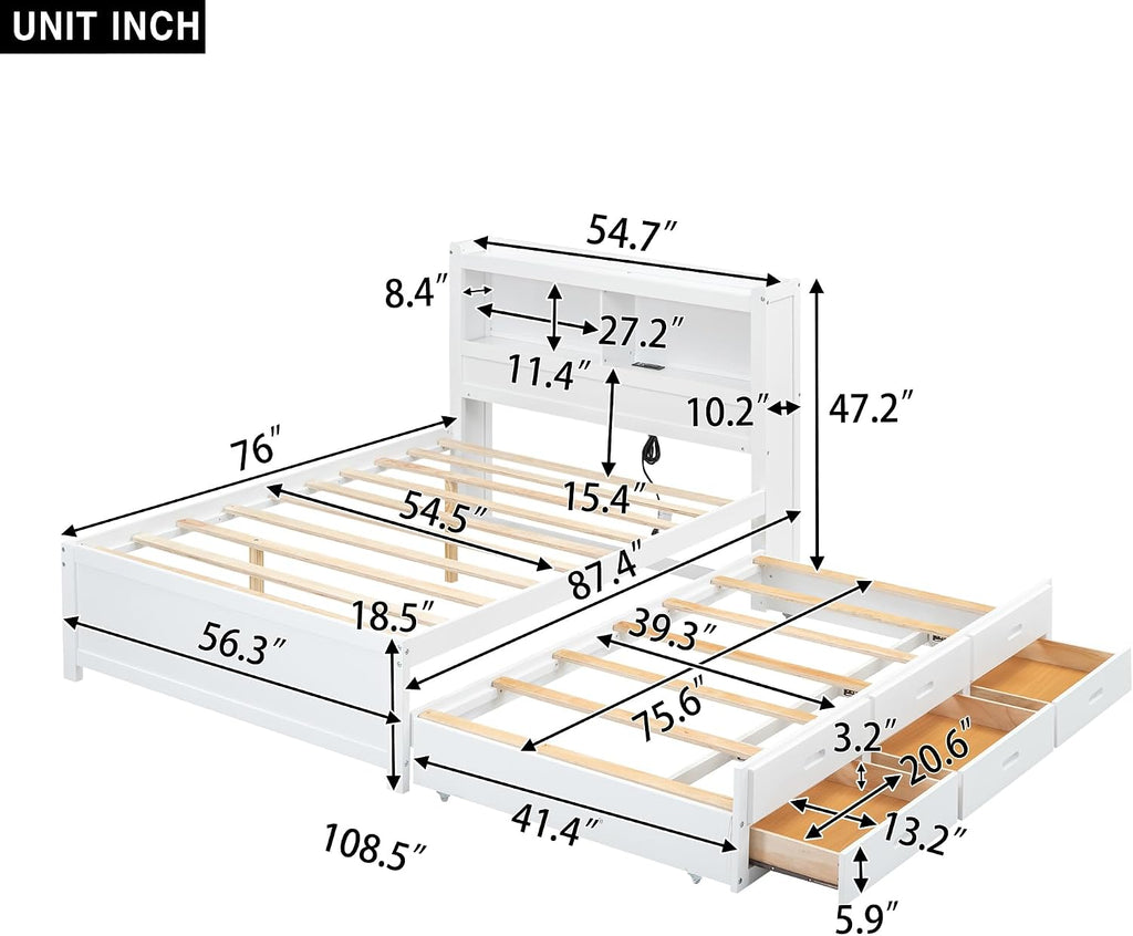 SOFTSEA Full Trundle Bed Frame with Storage Headboard Wood Platform Bed Frame with Trundle and USB Plugs