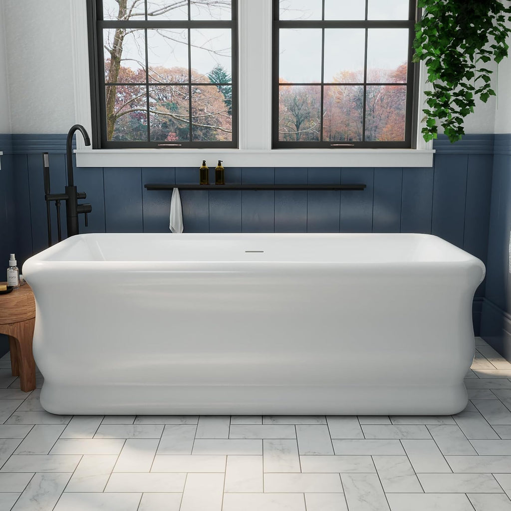 Crest 67 in. L x 31-1/2 in. W x 24-1/2 in. H Freestanding Acrylic Bathtub, Brushed Nickel Drain