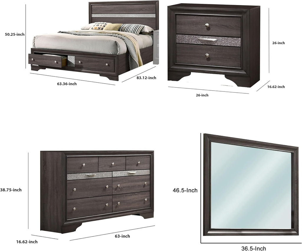 Benjara Po Four PC Queen Size Silver Accented Solid Wood Bedroom Set-Gray-Brown