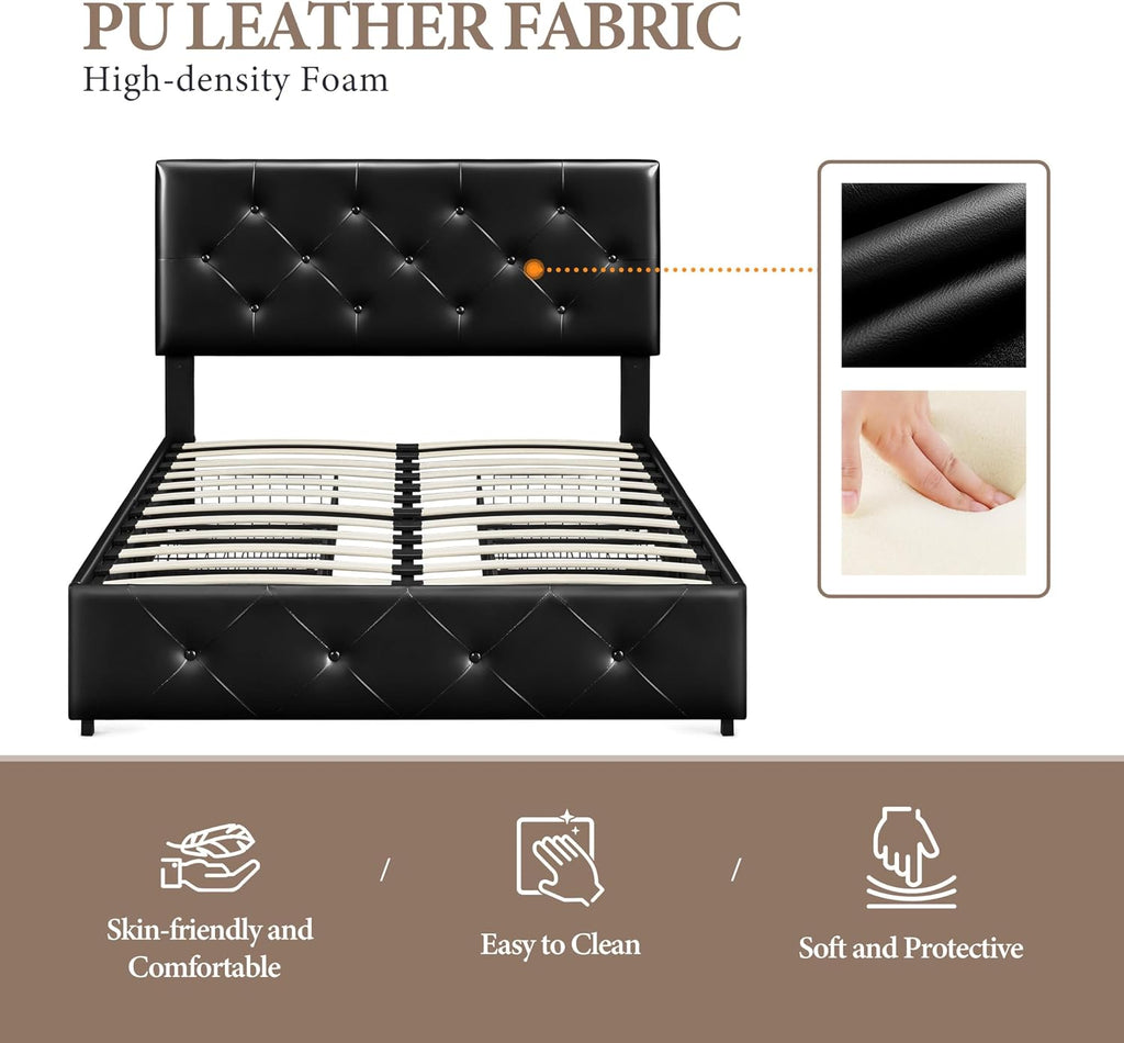Yaheetech Upholstered Bed Frame with 4 Storage Drawers and Adjustable Headboard, Faux Leather Platform Bed Frame with Mattress Foundation, Strong Wooden Slats Support, No Box Spring Needed, Black-Full