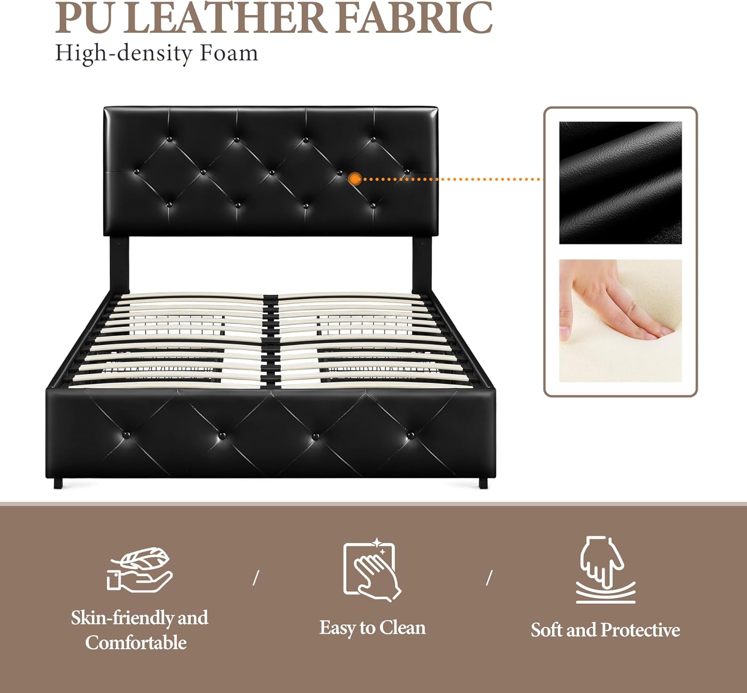 Yaheetech Upholstered Bed Frame with 4 Storage Drawers and Adjustable Headboard, Faux Leather Platform Bed Frame with Mattress Foundation, Strong Wooden Slats Support, No Box Spring Needed, Black-Full