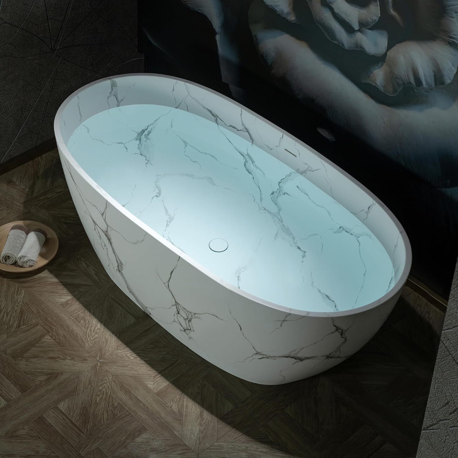 WOODBRIDGE 63' Marble-Pattern Stone Resin Freestanding Soaking Tub, Modern Oval Solid Surface Bathtub with Integrated Slotted Overflow & Drain, Matte Finish, CST0744