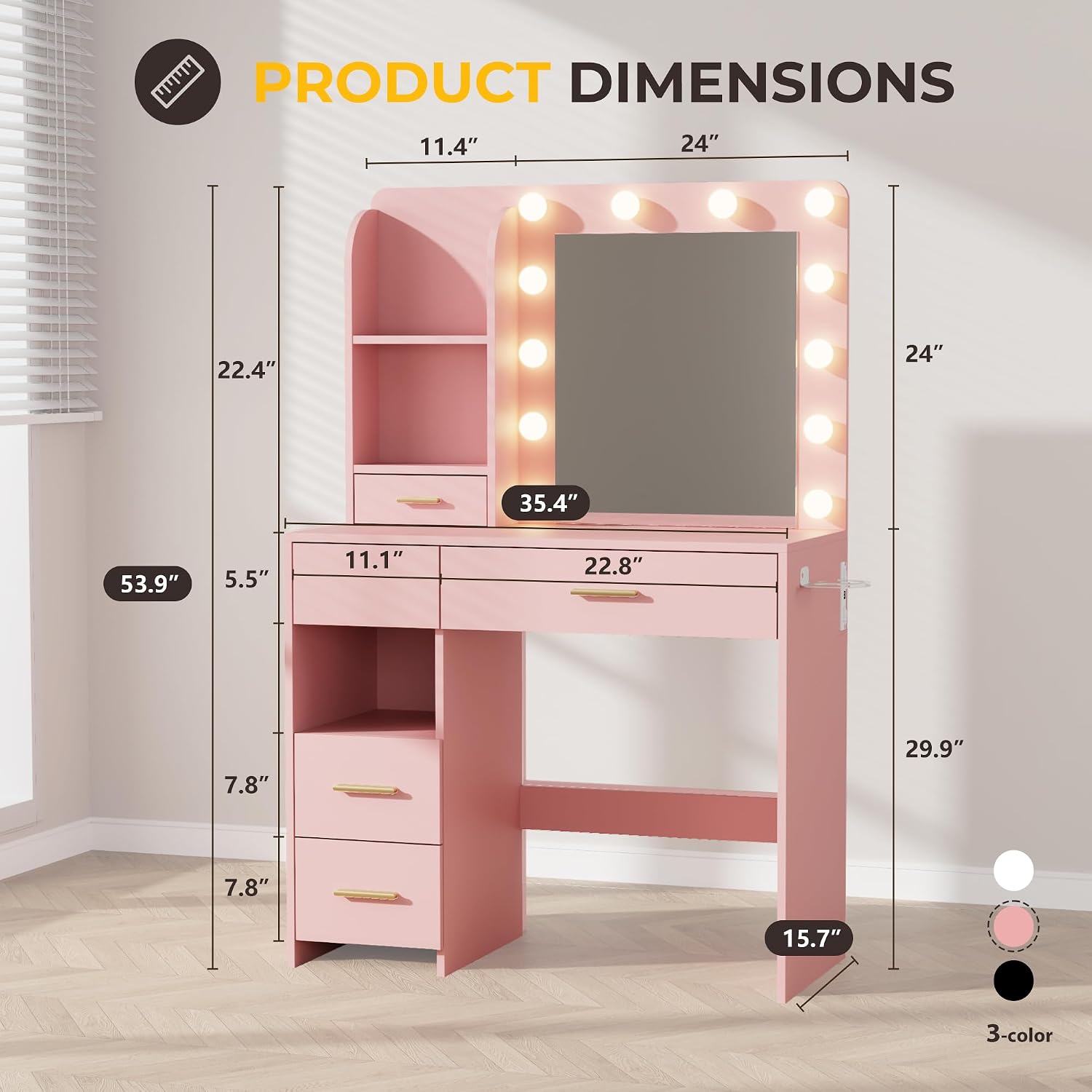 Otterease Vanity Desk with LED Lighted Mirror&Power Outlet, 3 Lighting Colors Makeup Vanity with 5 Large Drawers and 3 Storage Shelves, Vanity with Storage Stool for Bedroom, Pink