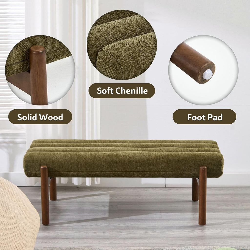 ROCITY Green Upholstered Bench Modern End of Bed Bench Chenille Fabric Bedroom Bench for Entryway Living Room Vanity Makeup Room, 47' Long, Wooden Legs