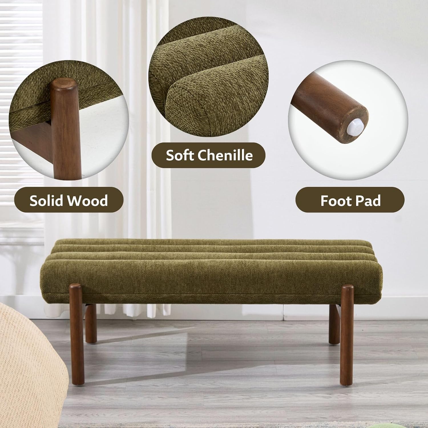 ROCITY Green Upholstered Bench Modern End of Bed Bench Chenille Fabric Bedroom Bench for Entryway Living Room Vanity Makeup Room, 47' Long, Wooden Legs
