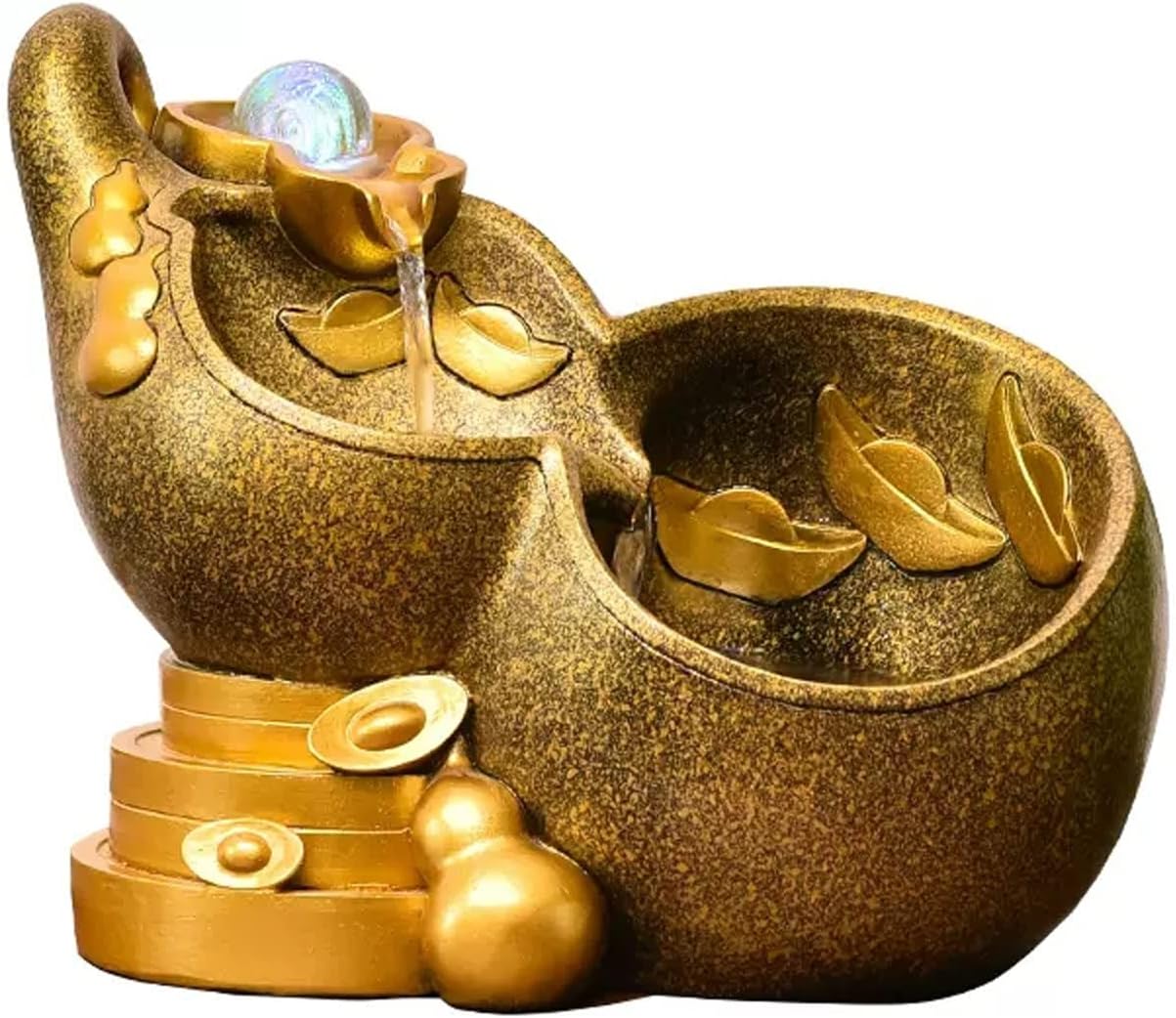 Desktop Fountain Indoor Fountain Tabletop Resin Golden Gourd Mini Waterfall Fountains Water Feature Feng Shui Zen Meditation Desktop with Rolling Ball for Home Office Decor