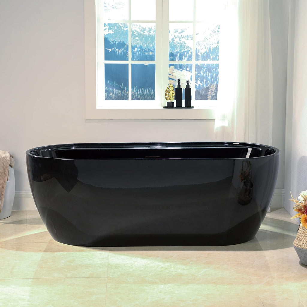 WOODBRIDGE 67' L x 31-1/2' W Freestanding Contemporary Acrylic Soaking Bathtub in Glossy Black Inside and Outside with Oil-Rubbed Bronze Drain & Overflow,B8863-ORB