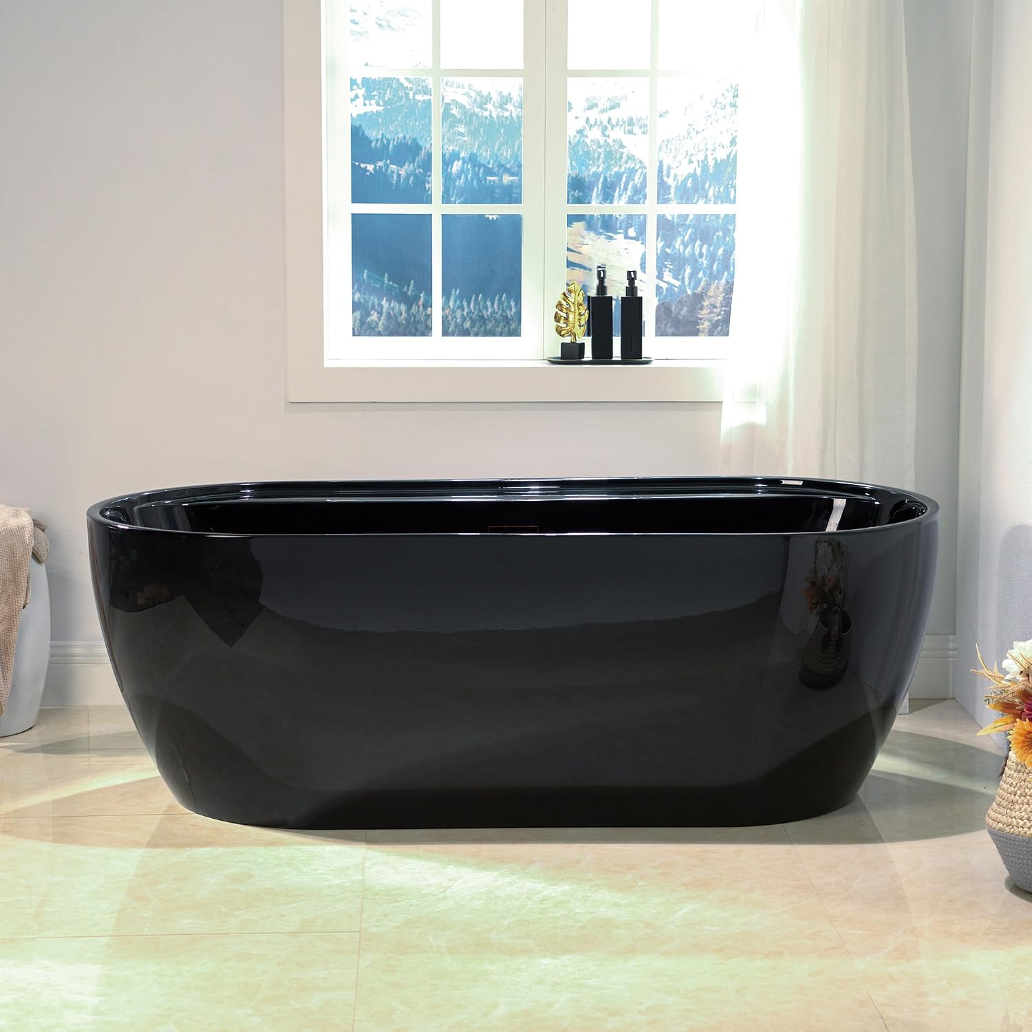 WOODBRIDGE 67' L x 31-1/2' W Freestanding Contemporary Acrylic Soaking Bathtub in Glossy Black Inside and Outside with Oil-Rubbed Bronze Drain & Overflow,B8863-ORB