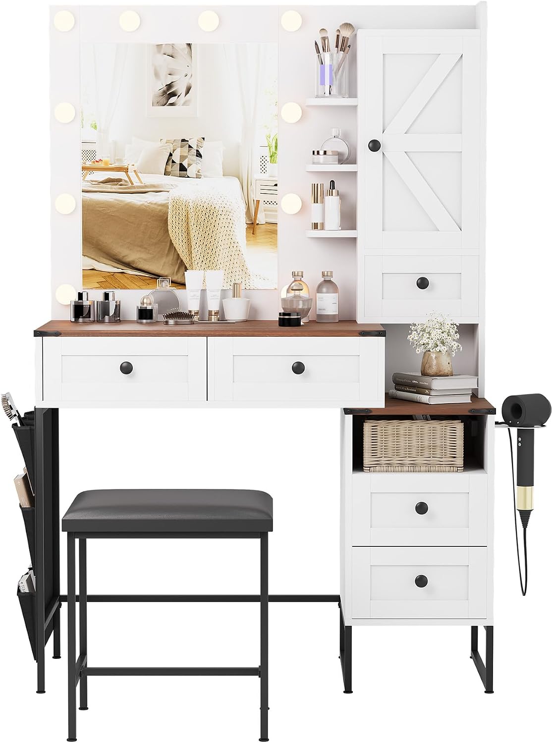 YIKEHOME 41' W Vanity Desk with Mirror, Makeup Vanity Set with Power Outlet and Comfortable Bench, Farmhouse Vanity for Bedroom Brown (006 Brown)
