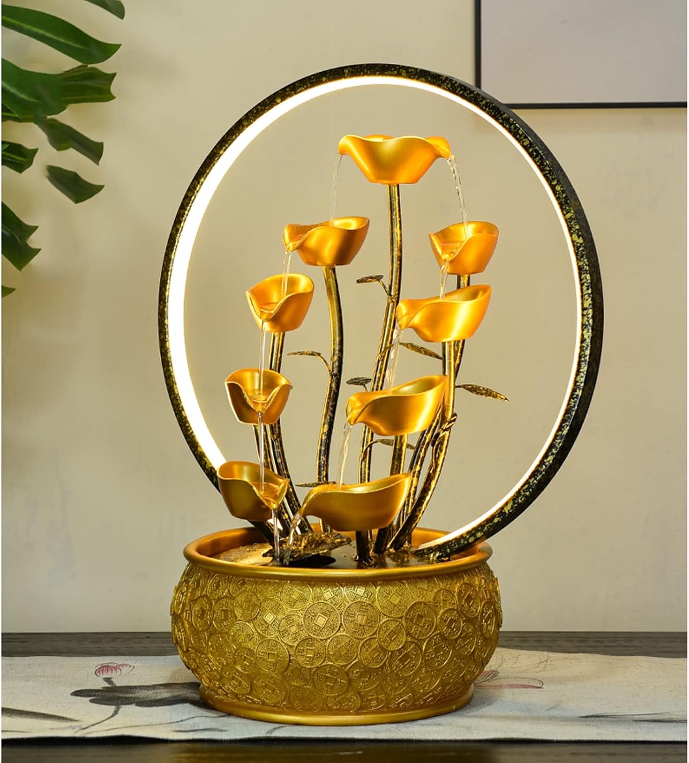 Tabletop Fountain Indoor Fountain Tabletop Waterfall Fountains Relaxation Water Feature Feng Shui Good Luck Wealth Desktop with Light Home and Office Decor, Gold(Large)