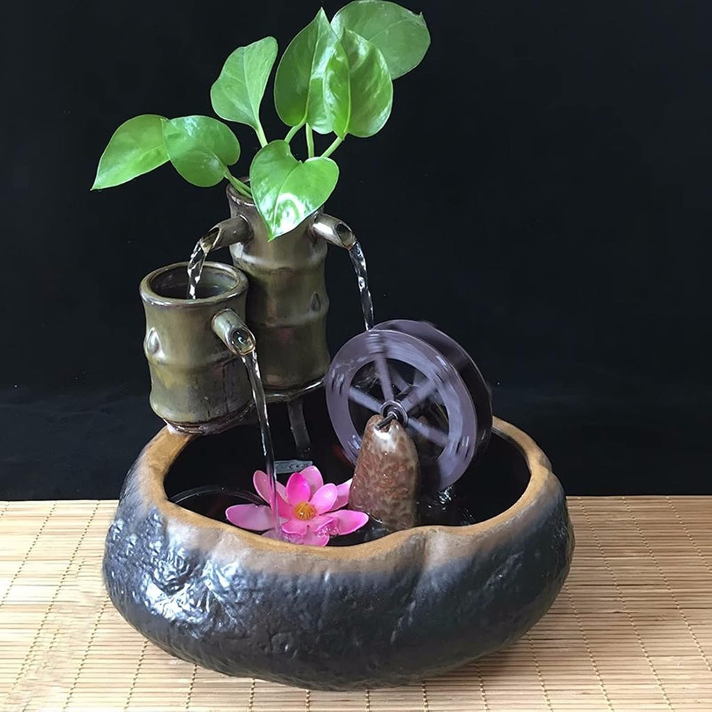 Desktop Fountain Tabletop Water Fountain, Ceramic Meditation, Desktop with Waterwheel, Indoor Waterfall Feature for Home Office Decor Relaxation