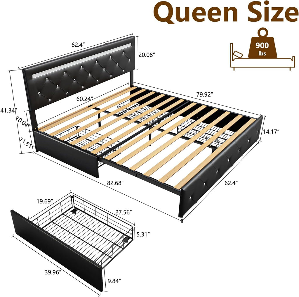 Benevika Queen Size Bed Frame with 4 Drawers and Charge Station, PU Leather Upholstered Bed with Adjustable LED Headboard, Wooden Slats Support, No Box Spring Needed, Black