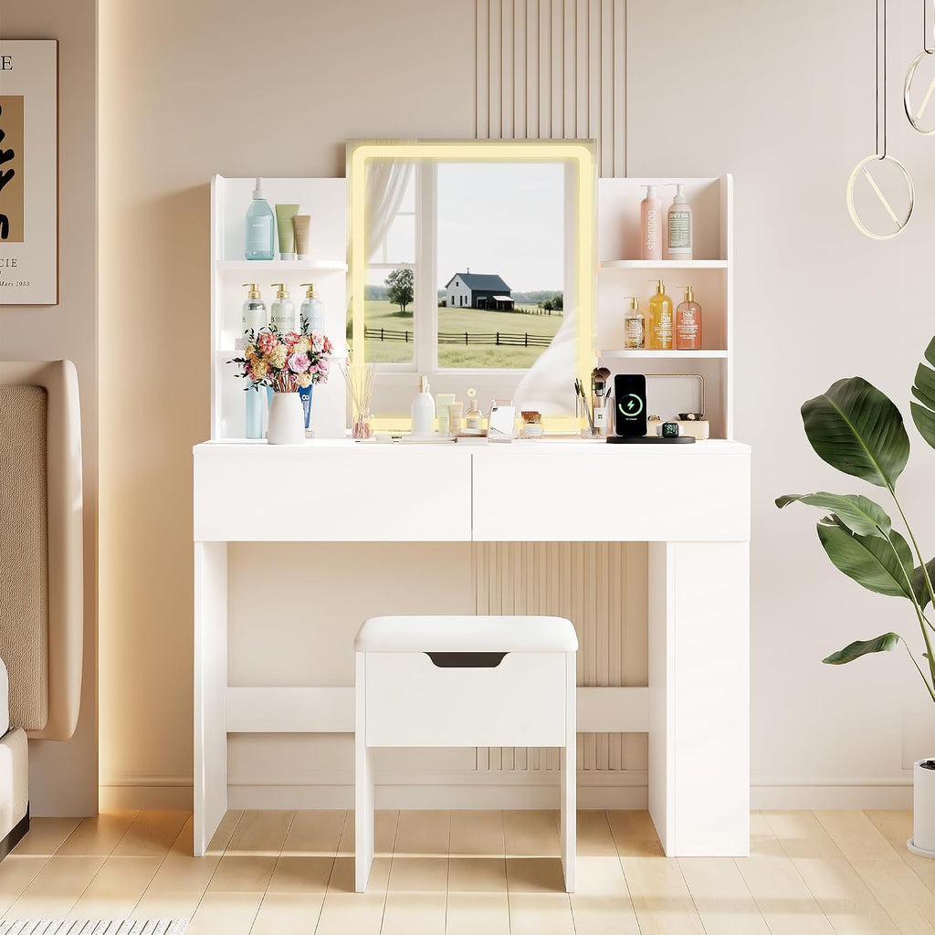 YESHOMY 35.4' Vanity Desk with LED Mirror and Lights,Makeup Vanity Set with 2 Storage Drawers, 2 Side Shelves, 1 Storage Bench and Open Storage Shelves, 3 Color Modes, for Bedroom, Classic White