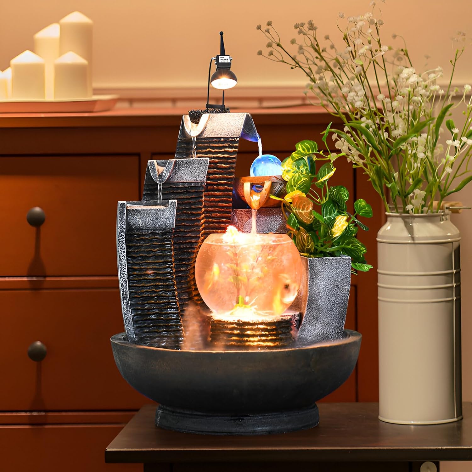16.93' Indoor Tabletop Fountain with LED Fish Tank, Lighted Crystal Ball & Free 10 Natural Crystals – Water Feature for Home, Office, Entryway & Housewarming Gift (Fish Tank + Spotlight)