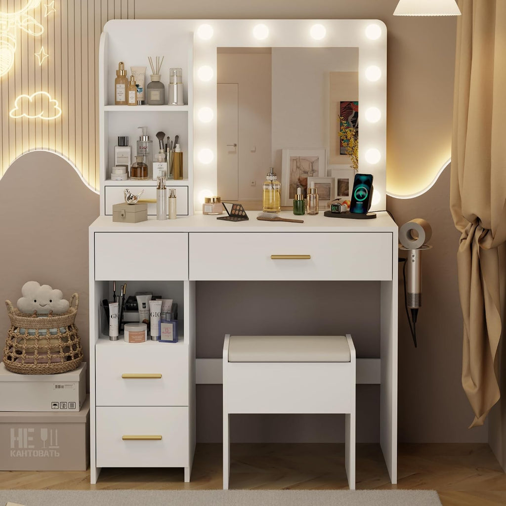 Otterease Vanity Desk with LED Lighted Mirror&Power Outlet, 3 Lighting Colors Makeup Vanity Desk with 5 Large Drawers and 3 Storage Shelves, White Vanity with Storage Stool for Bedroom