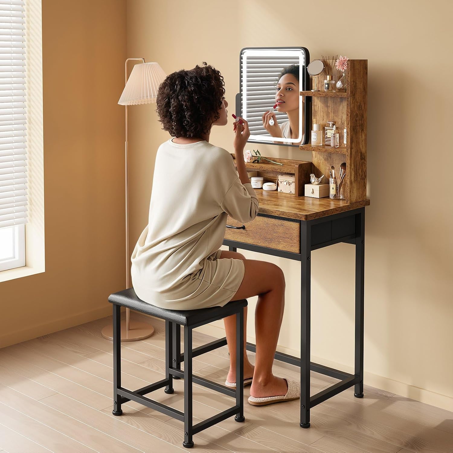 YeTom Makeup Vanity Desk with Mirror and Lights, Small Vanity with Fabric Storage Drawer & Chair & Shelves, Rustic Brown Compact Makeup Vanity Set for Bedroom