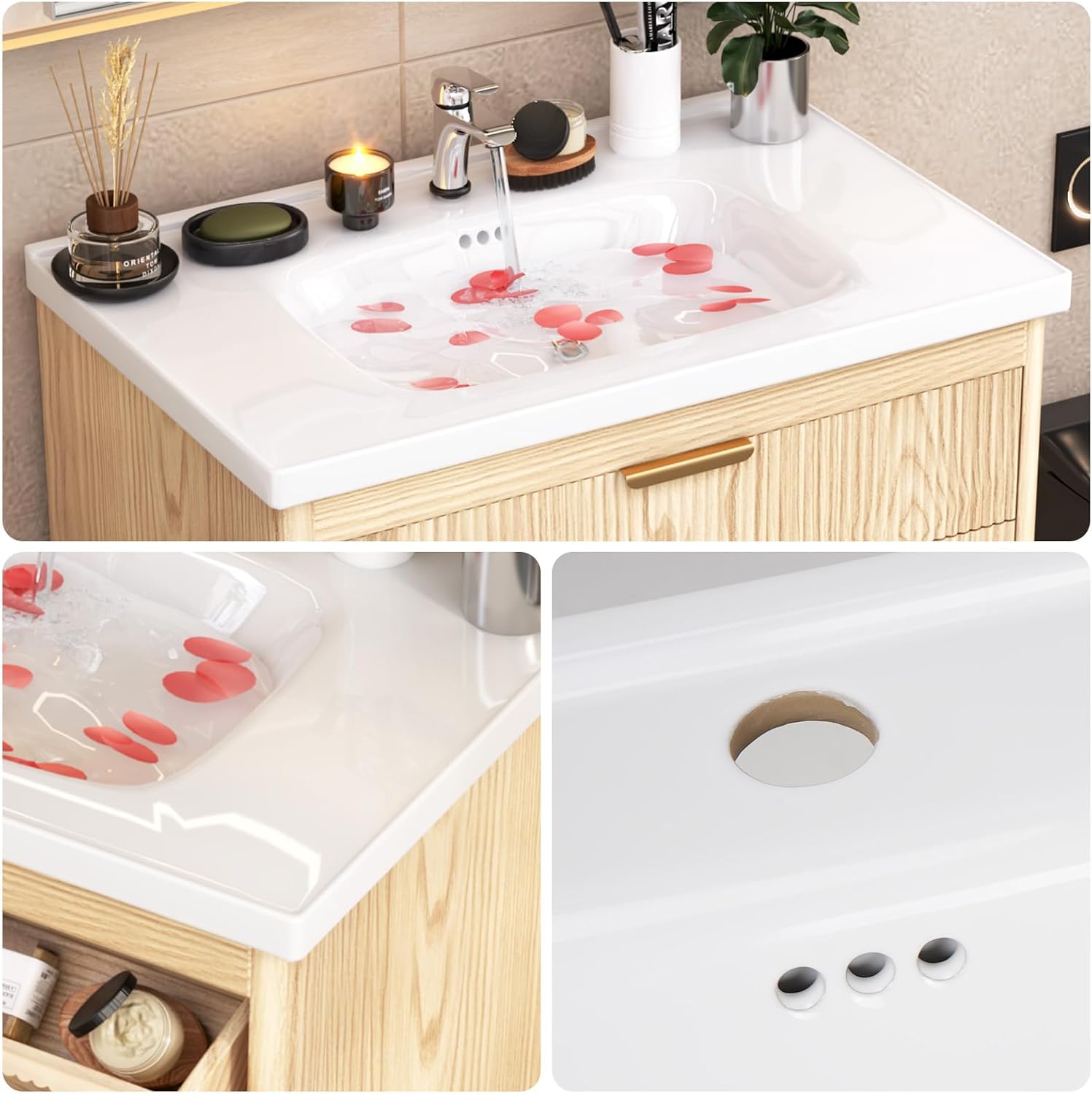 30'' Bathroom Vanity with Ceramic Single Sink Combo, Small Freestanding Bathroom Storage Vanity Cabinet with Drawer & Cabinet, Metal Handle,Natural Oak