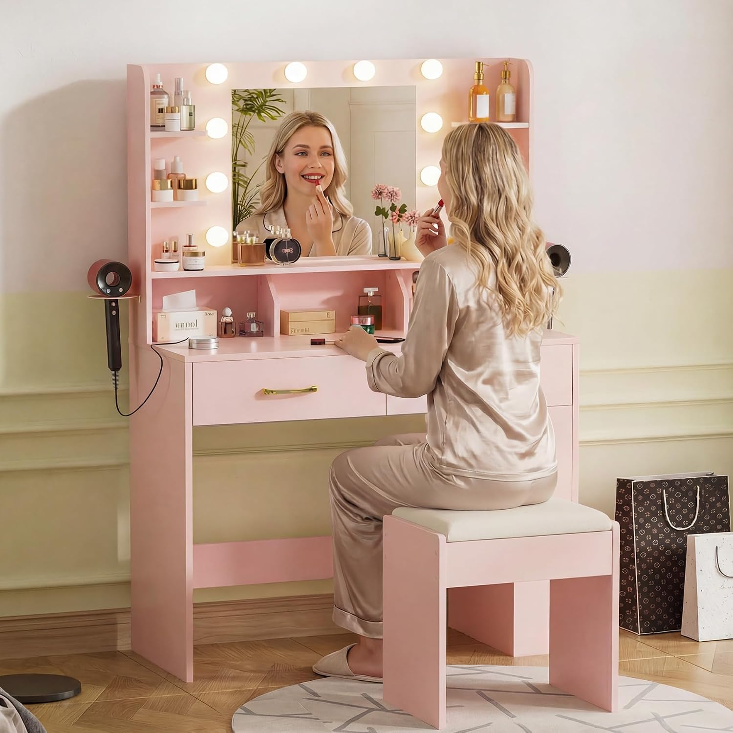 COMHOMA Vanity Desk with Lighted Mirror and Power Outlet, RGB LED Lights Makeup Vanity Set for Girls, Large Storage Capacity Dressing Table for Bedroom, 3 Lighting Modes Adjustable Brightness, Pink