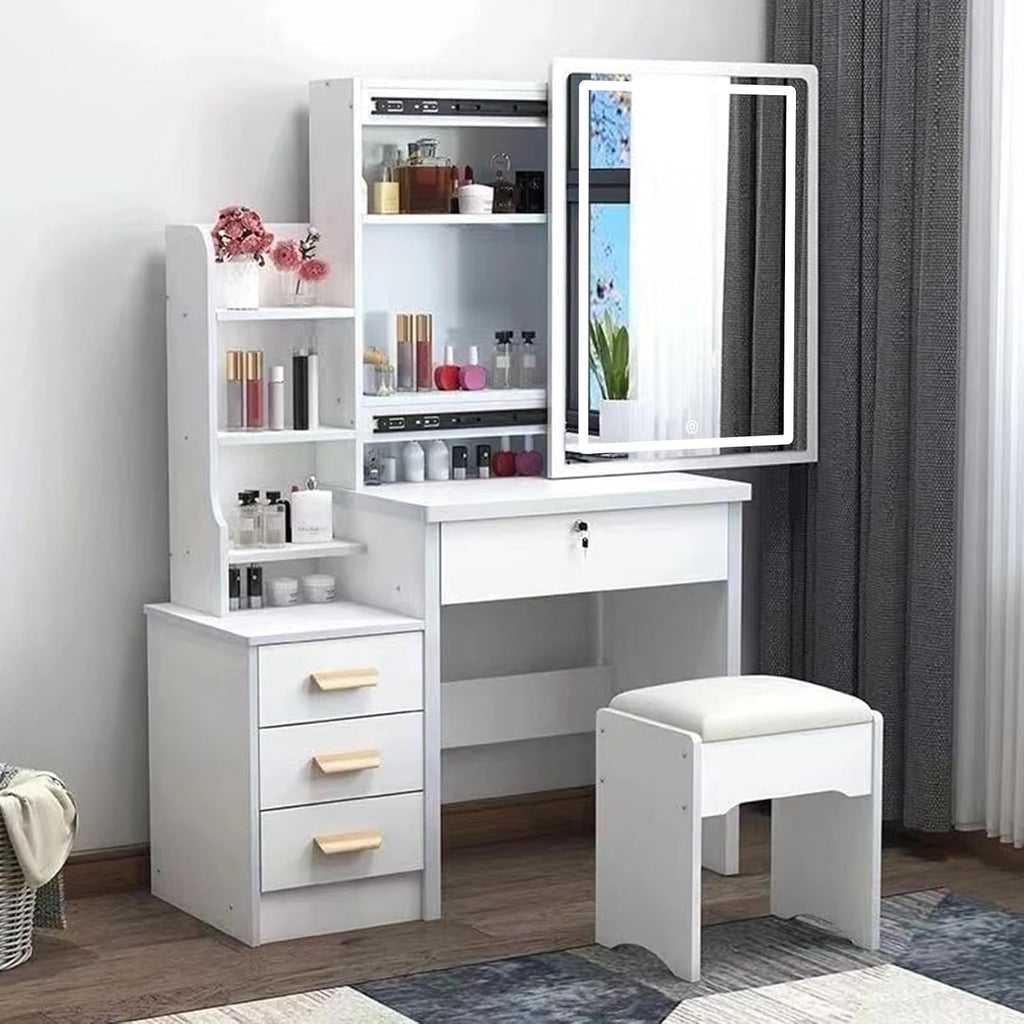 Vanity Desk with Mirror and Lights,Makeup Vanity Desk with Lights 3 Colors,Vanity with 4 Drawers,6 Shelves,Vanity Table Set with Bench for Bedroom,Dressing Table and Chair Set for Women Girls (White)