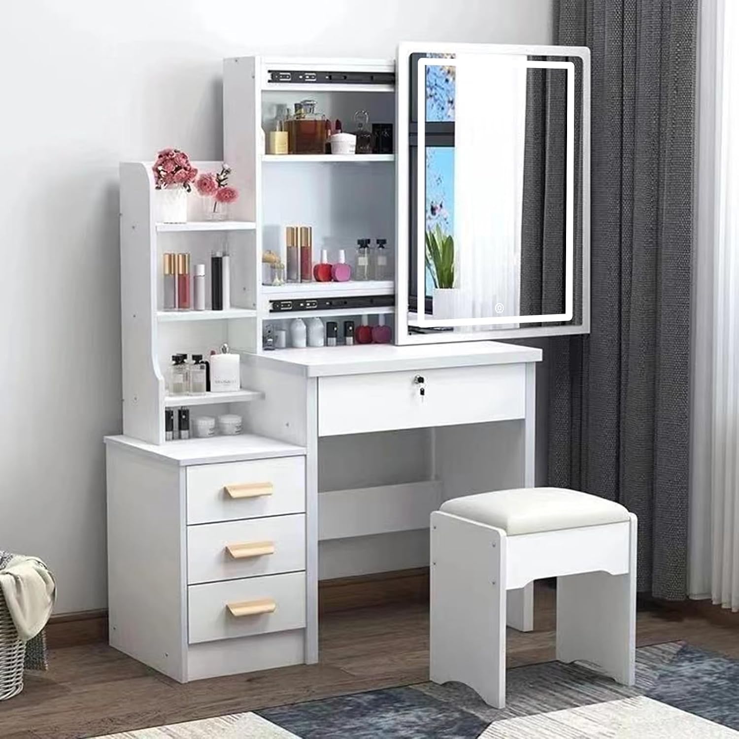 Vanity Desk with Mirror and Lights,Makeup Vanity Desk with Lights 3 Colors,Vanity with 4 Drawers,6 Shelves,Vanity Table Set with Bench for Bedroom,Dressing Table and Chair Set for Women Girls (White)