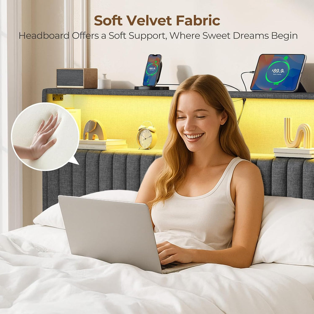 Rolanstar Headboard for King Size Bed with Storage, Head Board with USB & Type C Port, 60,000 DIY Color of LED Light, Velvet Upholstered, Height Adjustable, Sturdy, Easy Assembly, Grey