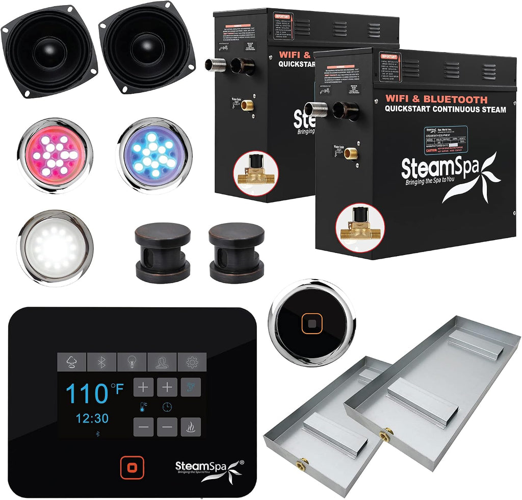 Generator with Quick Start Continuous Steam Technology, Wi-Fi, Bluetooth and Autodrain | 15kW Steam Generator with Oil Rubbed Bronze Steam Head with Aromatherapy Reservoir | RVB1500ORB-A