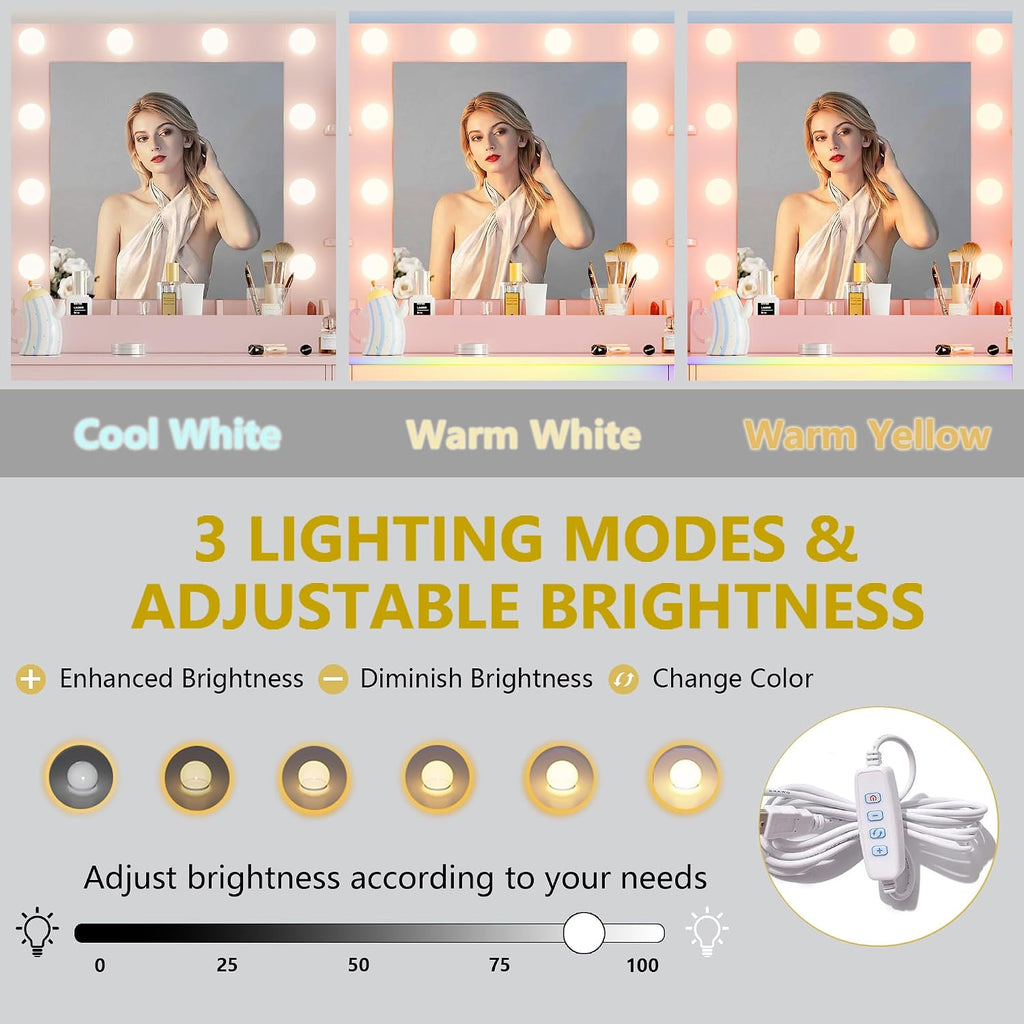 Vanity Desk with Mirror and Lights, 43'' Makeup Dressing Table Set with 5 Drawers & Power Outlet, 3 Lighting Modes Brightness Adjustable, Vanity with RGB Ambient Light for Women Girls Bedroom, Pink
