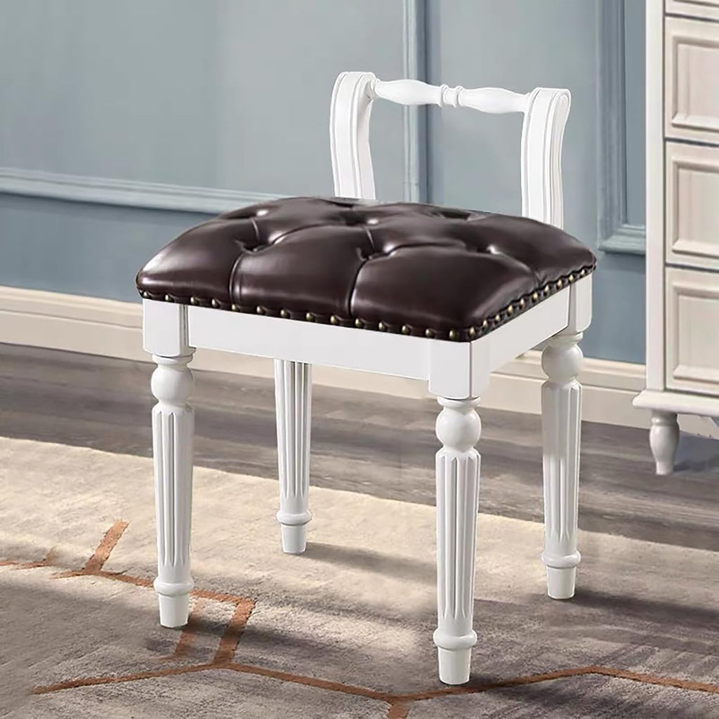 Low Back Vanity Bench Stool with Padded Cushion, Leather Retro Makeup Stool, Solid Wood Carving Legs, Piano Bench for Makeup Room, Bedroom, Living Room (White + Brown)