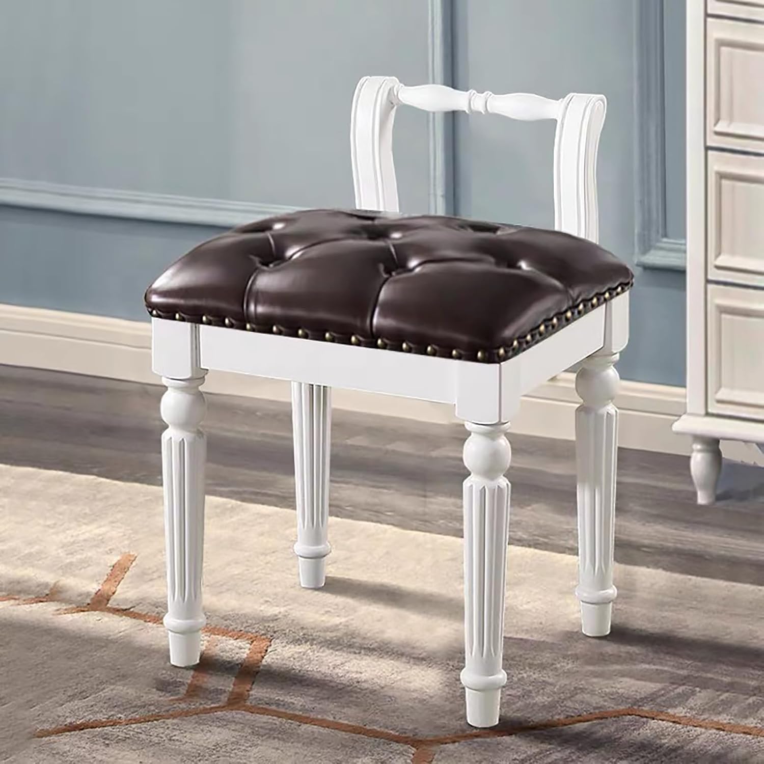 Low Back Vanity Bench Stool with Padded Cushion, Leather Retro Makeup Stool, Solid Wood Carving Legs, Piano Bench for Makeup Room, Bedroom, Living Room (White + Brown)