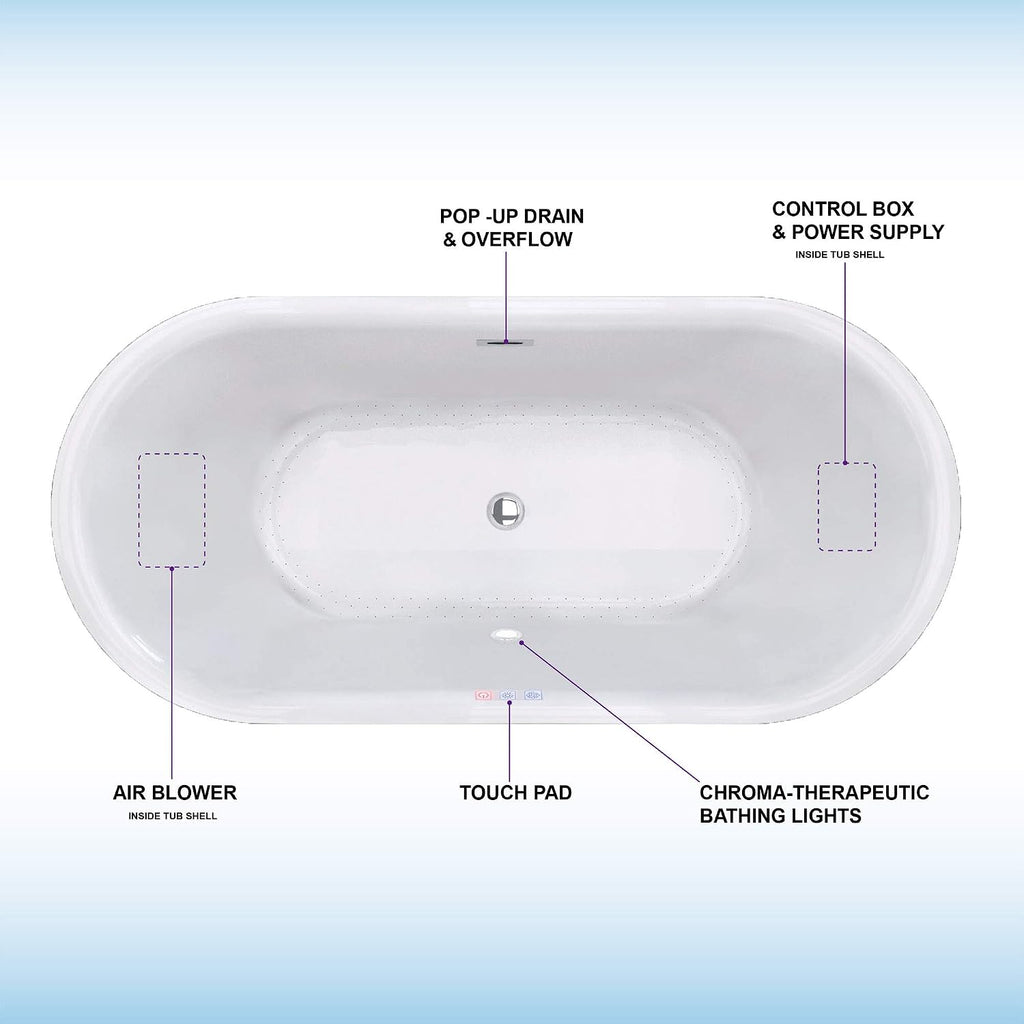 WOODBRIDGE 59' Air Bubble Acrylic Freestanding Bathtub Contemporary Soaking Tub, White Acrylic wirh Chrome Drain and Overflow,B0102-C