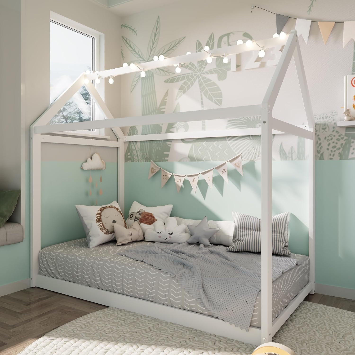 Merax Wood House Bed,Floor Bed with Slats,No Box Spring Needed,Twin Size, White