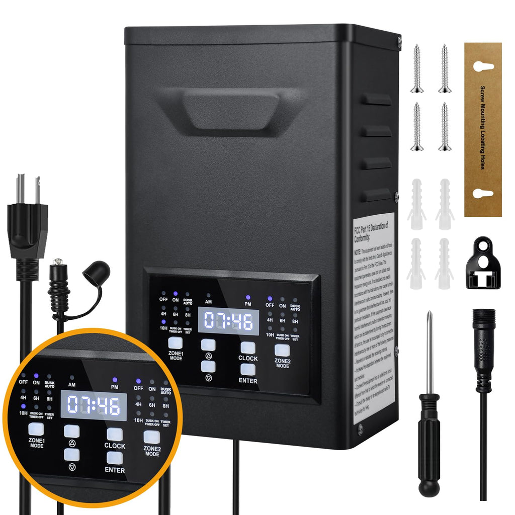 COLOER 600W Low Voltage Landscape Lighting Transformer with 2 Independent Control Output Zones, 120V AC to 12V/15V AC Low Voltage Power Pack with Timer and Photocell Sensor for Outdoor Lights