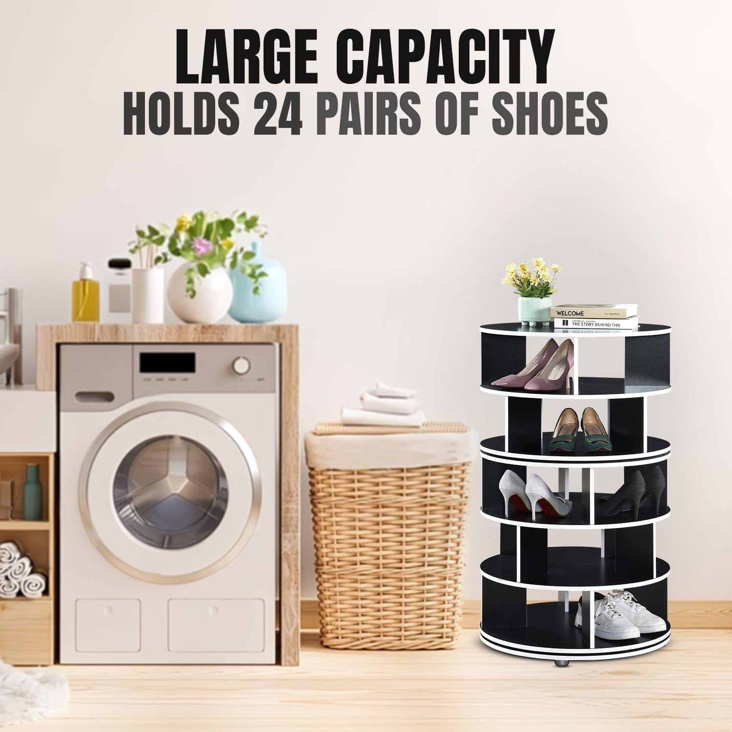 Kings Brand Furniture - 5-Tier Rotating Shoe Rack, 360° Revolving Lazy Susan Spinning Shoe Rack Tower Storage Organizer for Closet Entryway Bedroom Hallway, Black
