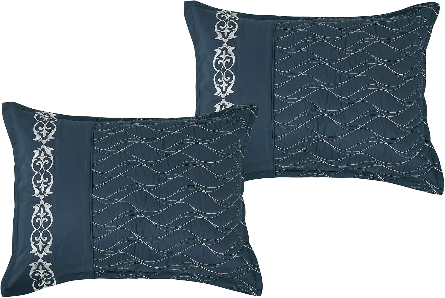 LinenTopia Luxury 7 Piece King/Cal-King Comforter Set with Shams Cushions, Modern Wavy Elegant Navy Embroidered-Pattern, Bed Cover Bed in a Bag, (22066, K/CK, Navy)