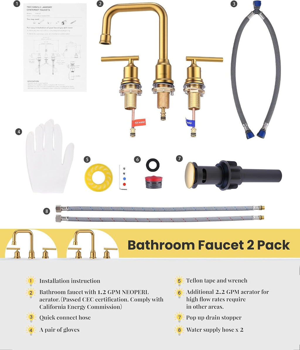Brushed Gold Bathroom Faucet Set: WOWOW Widespread Bathroom Sink Faucet 3 Hole with Pop-up Drain and Supply Lines, 8 Inch Vanity Taps 3 Pieces Basin Tap 2 Handle Modern (Set of 2)