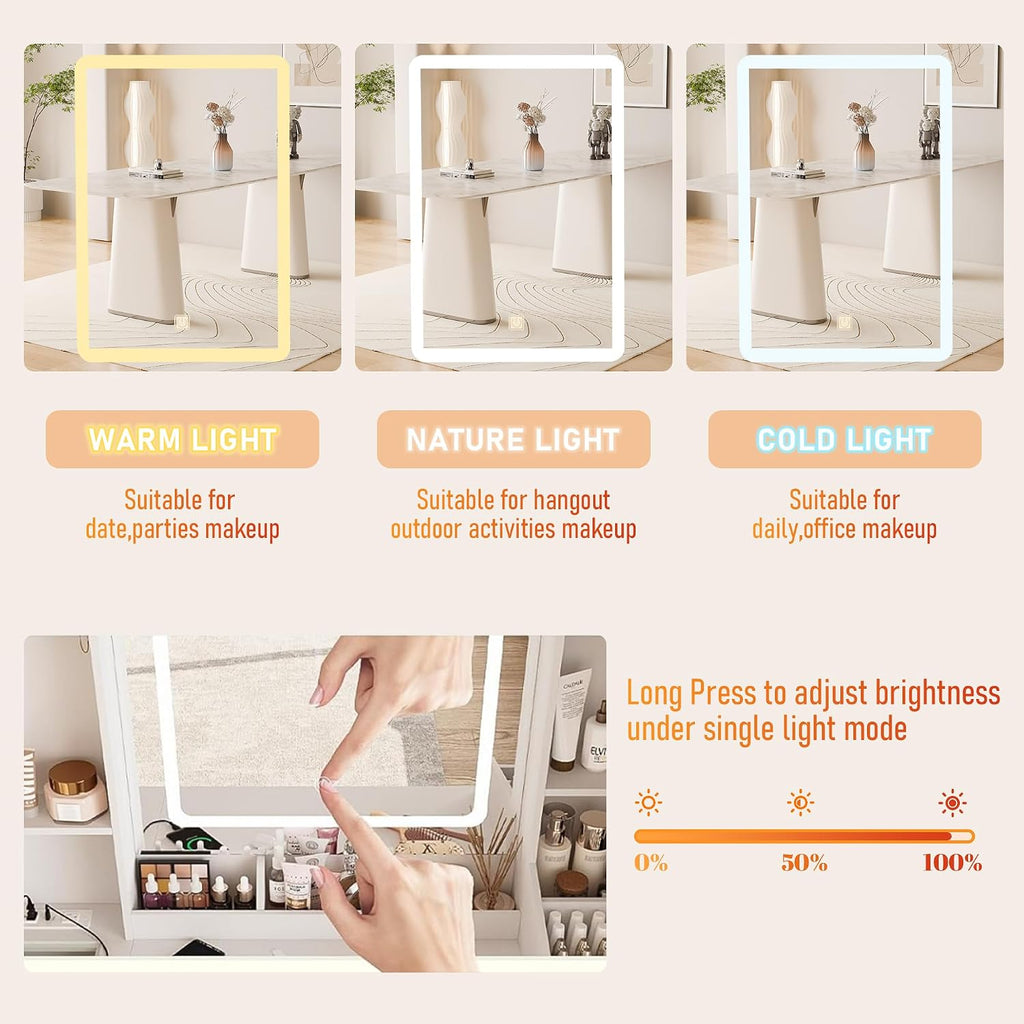Vanity Desk with Mirror and LED Lights, Makeup Vanity Set with Power Outlet, and Stool,Jewelry Storage,White Vanity Desk for Bedroom