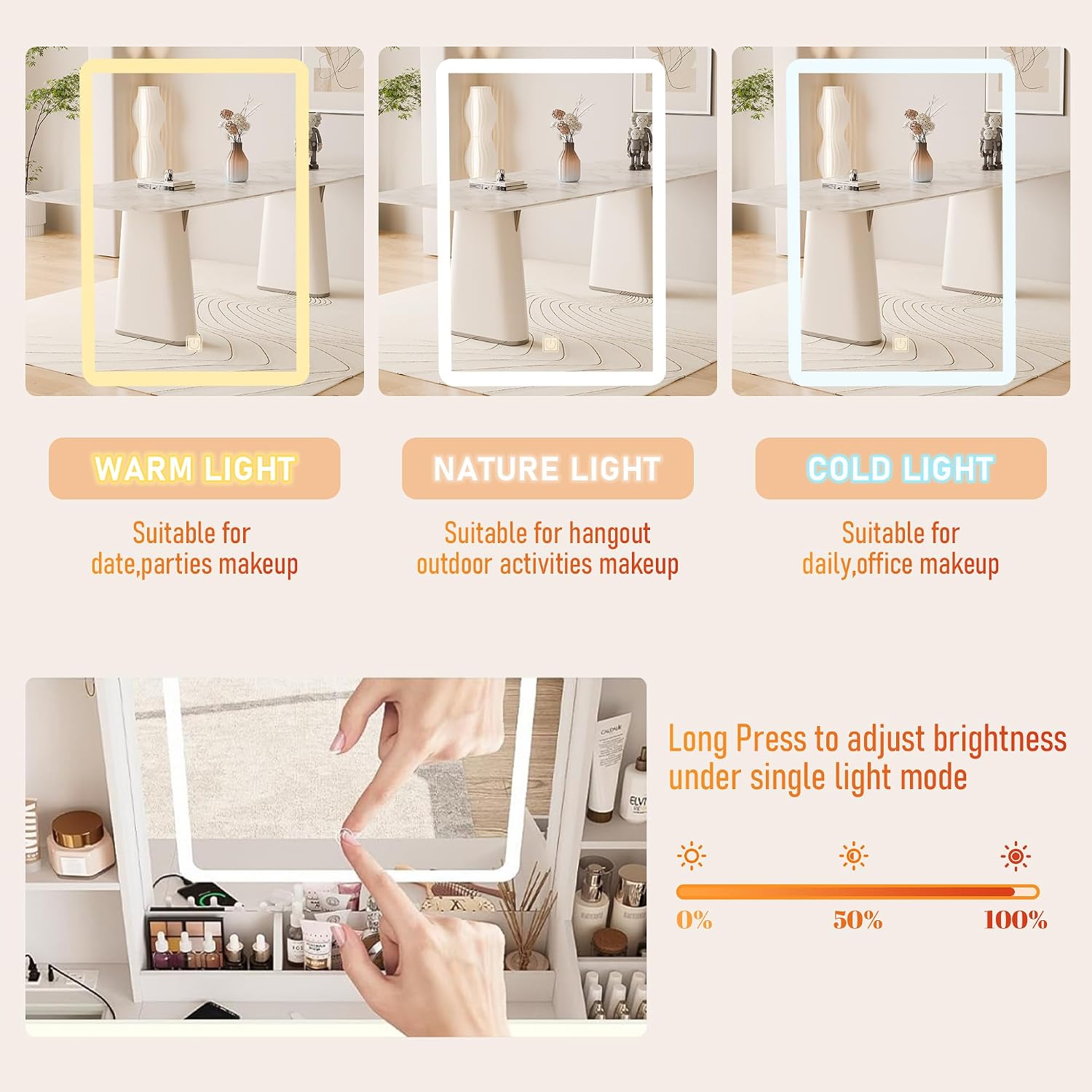 Vanity Desk with Mirror and LED Lights, Makeup Vanity Set with Power Outlet, and Stool,Jewelry Storage,White Vanity Desk for Bedroom