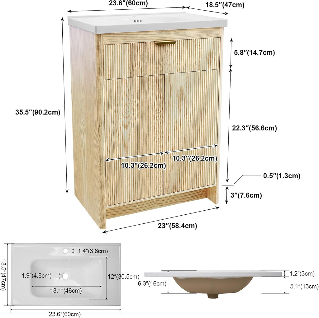 24'' Bathroom Vanity with Ceramic Single Sink Combo, Small Freestanding Bathroom Storage Vanity Cabinet with Drawer & Cabinet, Metal Handle，Natural Oak