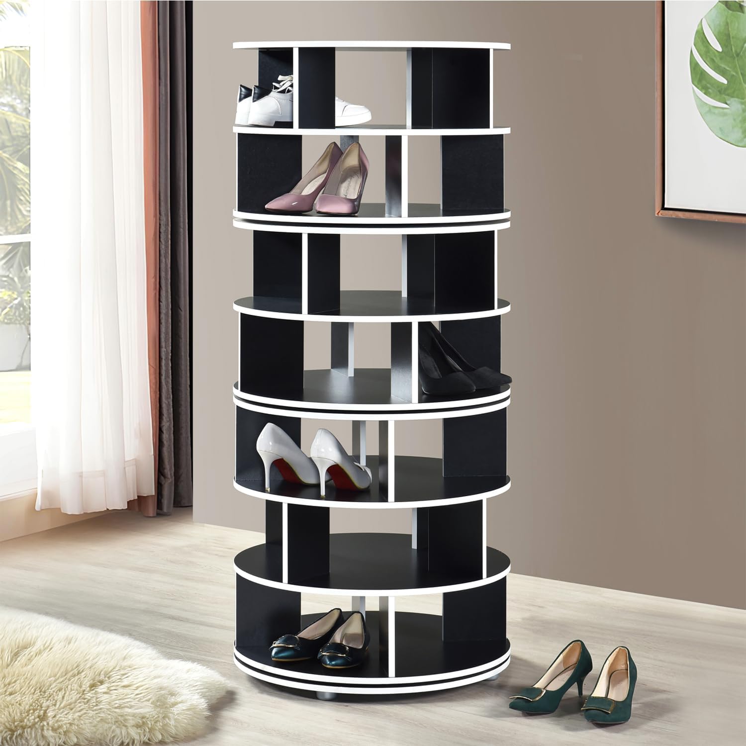Kings Brand Furniture Cassidy Revolving Shoe Rack, Spinning Shoe Rack Tower, 360° Revolving Shoe Storage Organizer for Closet Entryway Bedroom Hallway (Black, 7-Tier)