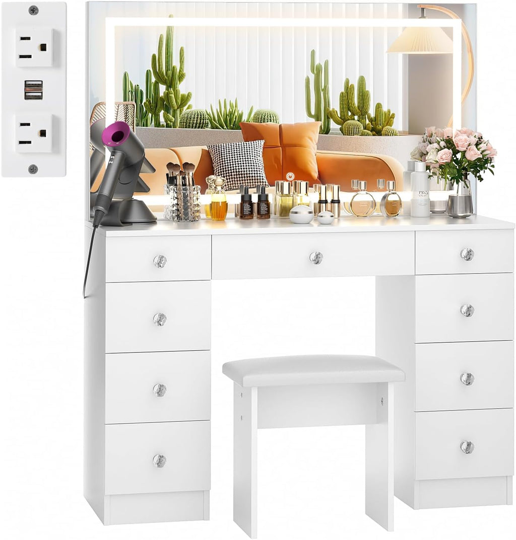 VOWNER Vanity With Lighted Mirror - Makeup Desk With Power Outlet and 9 Drawers, 3 Color Lighting Modes Adjustable Brightness, 43' Table With Soft Cushioned Stool for Bedroom, White